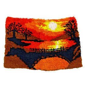 Vintage Yarn‎ Latch Hook Sunset Bridge Trees Rug Wall Hanging Art Orange Black